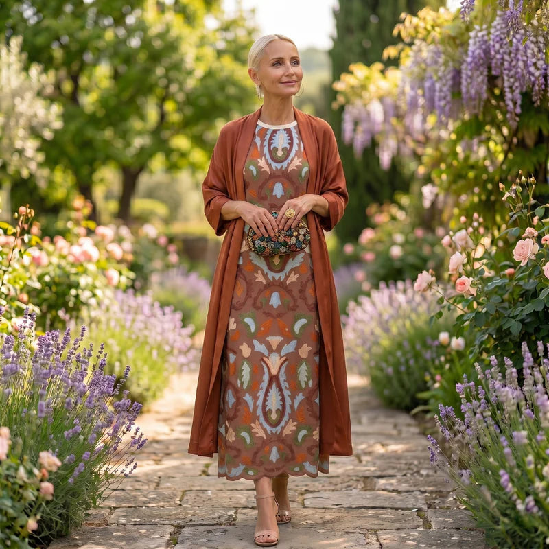 Daniela | Abito lungo stampato con gilet coordinato
