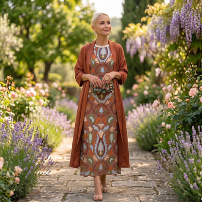 Daniela | Abito lungo stampato con gilet coordinato
