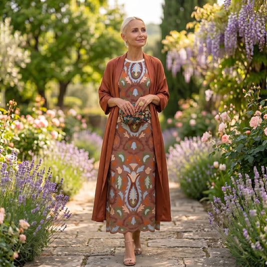 Daniela | Abito lungo stampato con gilet coordinato