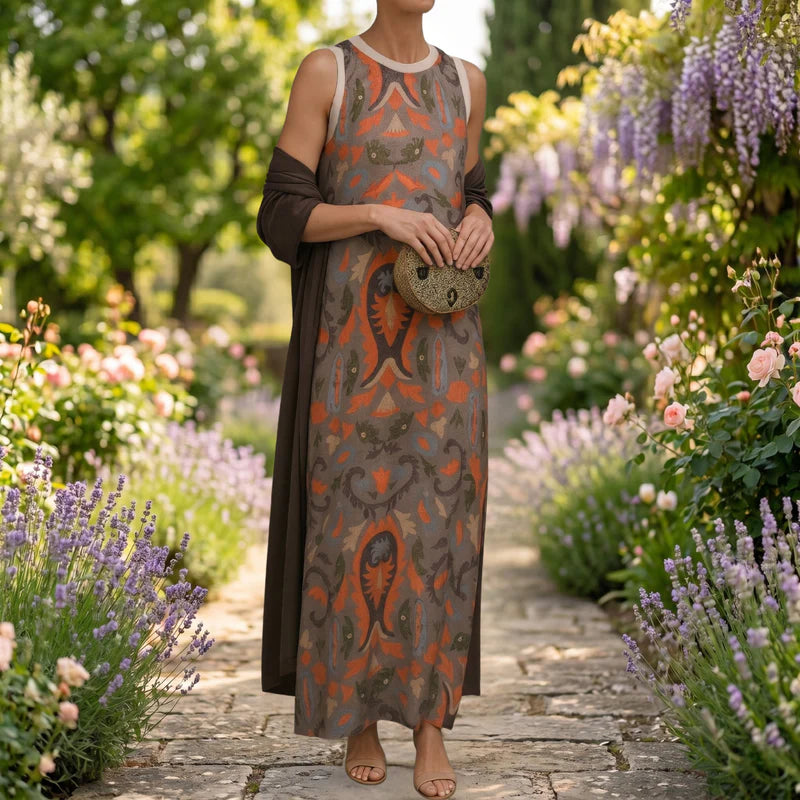 Daniela | Abito lungo stampato con gilet coordinato