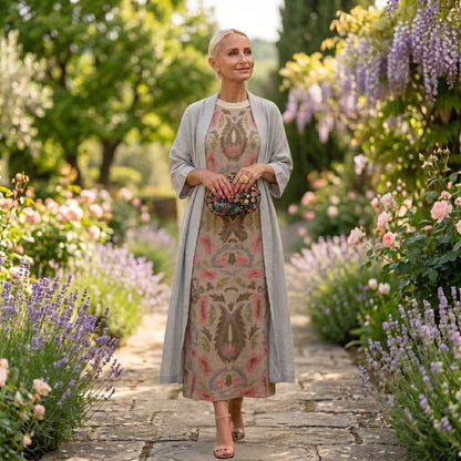 Daniela | Abito lungo stampato con gilet coordinato