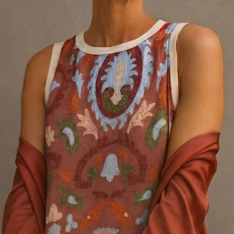 Daniela | Abito lungo stampato con gilet coordinato