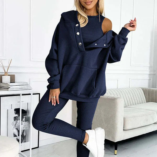 Elena – Set Comodo 3 Pezzi (Maglia + Felpa con Cappuccio + Pantaloni)